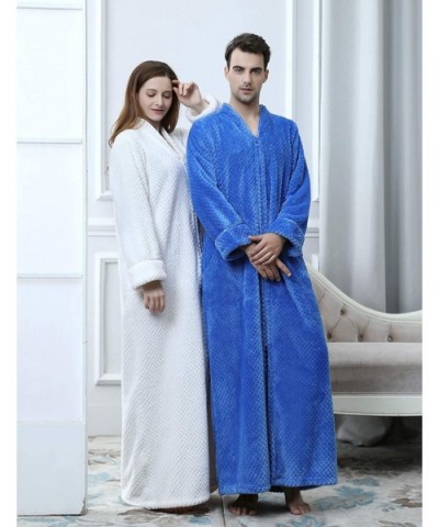 Women's Zip Front Bathrobe Premium Flannel Fleece Plush Caftan Soft Long Robe Warm Housecoat - Blue - CU18LE4023U $55.43 Robes