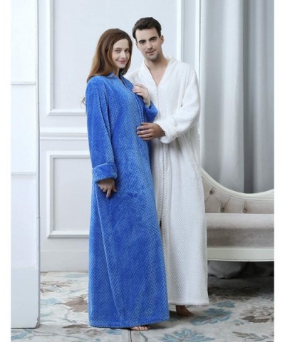 Women's Zip Front Bathrobe Premium Flannel Fleece Plush Caftan Soft Long Robe Warm Housecoat - Blue - CU18LE4023U $55.43 Robes