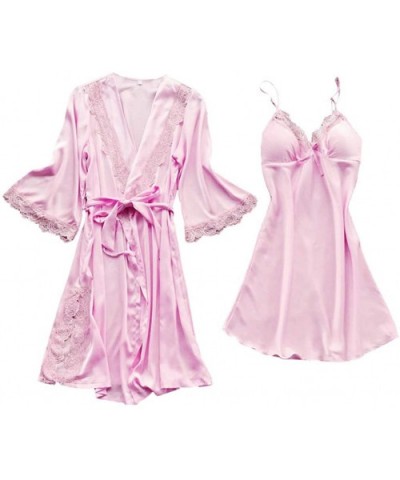 2PC Sexy Sleepwear Lingerie Lace Temptation Bathrobe with Belt Nightdress Robe for Women - Pink - CW198GO7THX $38.22 Robes