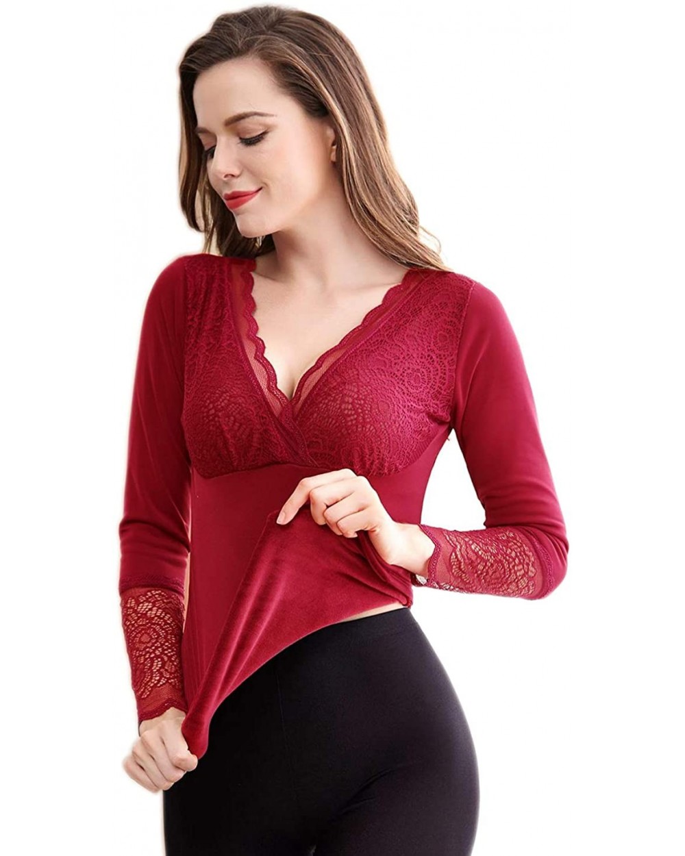 Womens Basic Camisole Thermal Underwear Thick Fleece Lined Cami Tank Top - Long Sleeve-wine - C3192NASUAZ $32.97 Thermal Unde...