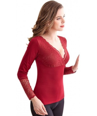 Womens Basic Camisole Thermal Underwear Thick Fleece Lined Cami Tank Top - Long Sleeve-wine - C3192NASUAZ $32.97 Thermal Unde...