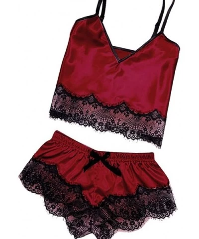 Women Sleepwear Sleeveless Strap Nightwear Lace Trim Satin Cami Top Pajama Sets - H-red - CV18UR6CAHR $15.37 Accessories