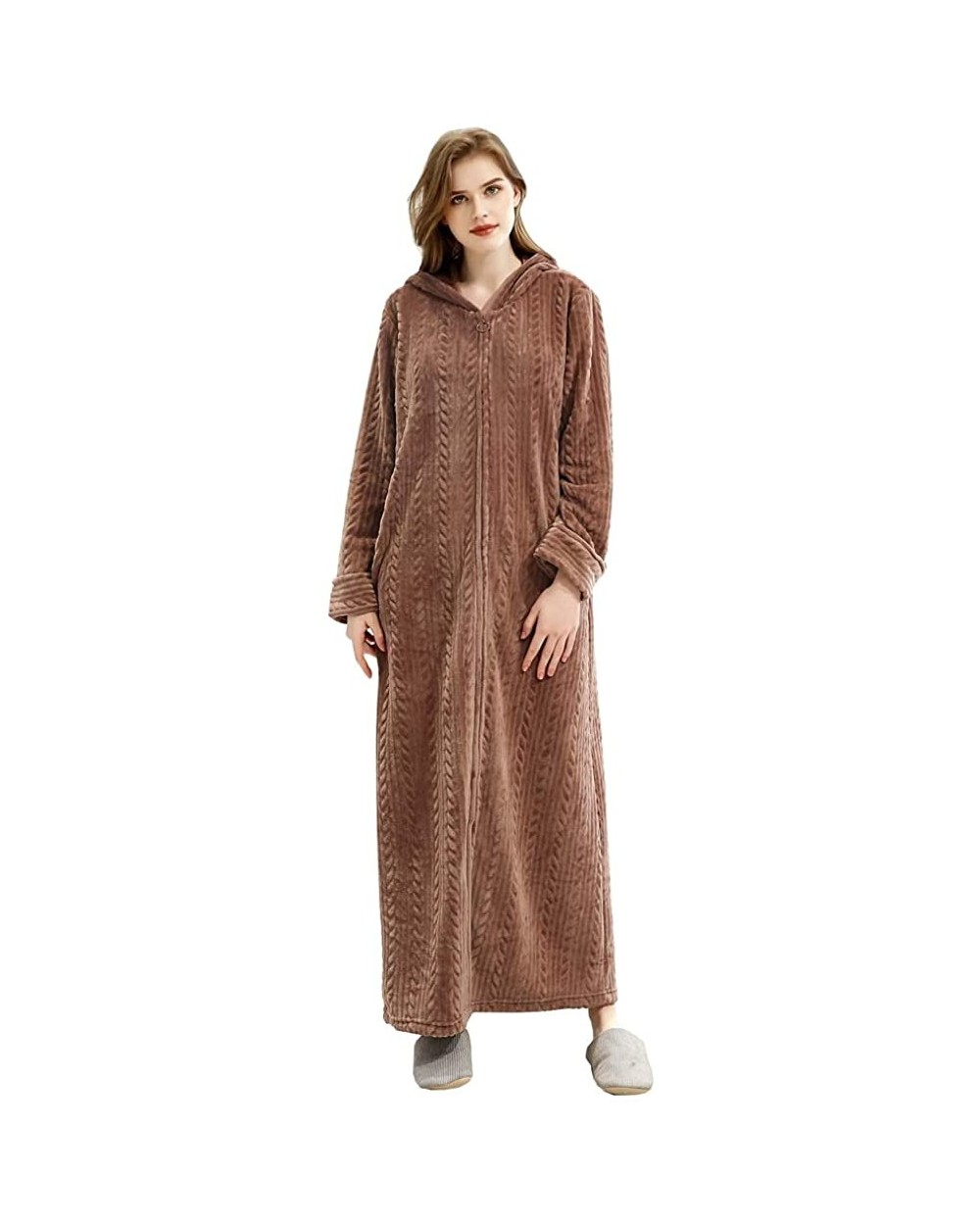 Long Hooded Bath Robe for Women Zipper Spa Bathrobe Flannel Nightgown Housecoat - 760hooded Coffee - CQ194W4G3US $46.53 Robes