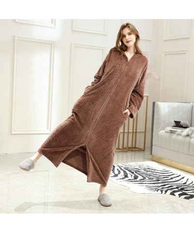 Long Hooded Bath Robe for Women Zipper Spa Bathrobe Flannel Nightgown Housecoat - 760hooded Coffee - CQ194W4G3US $46.53 Robes