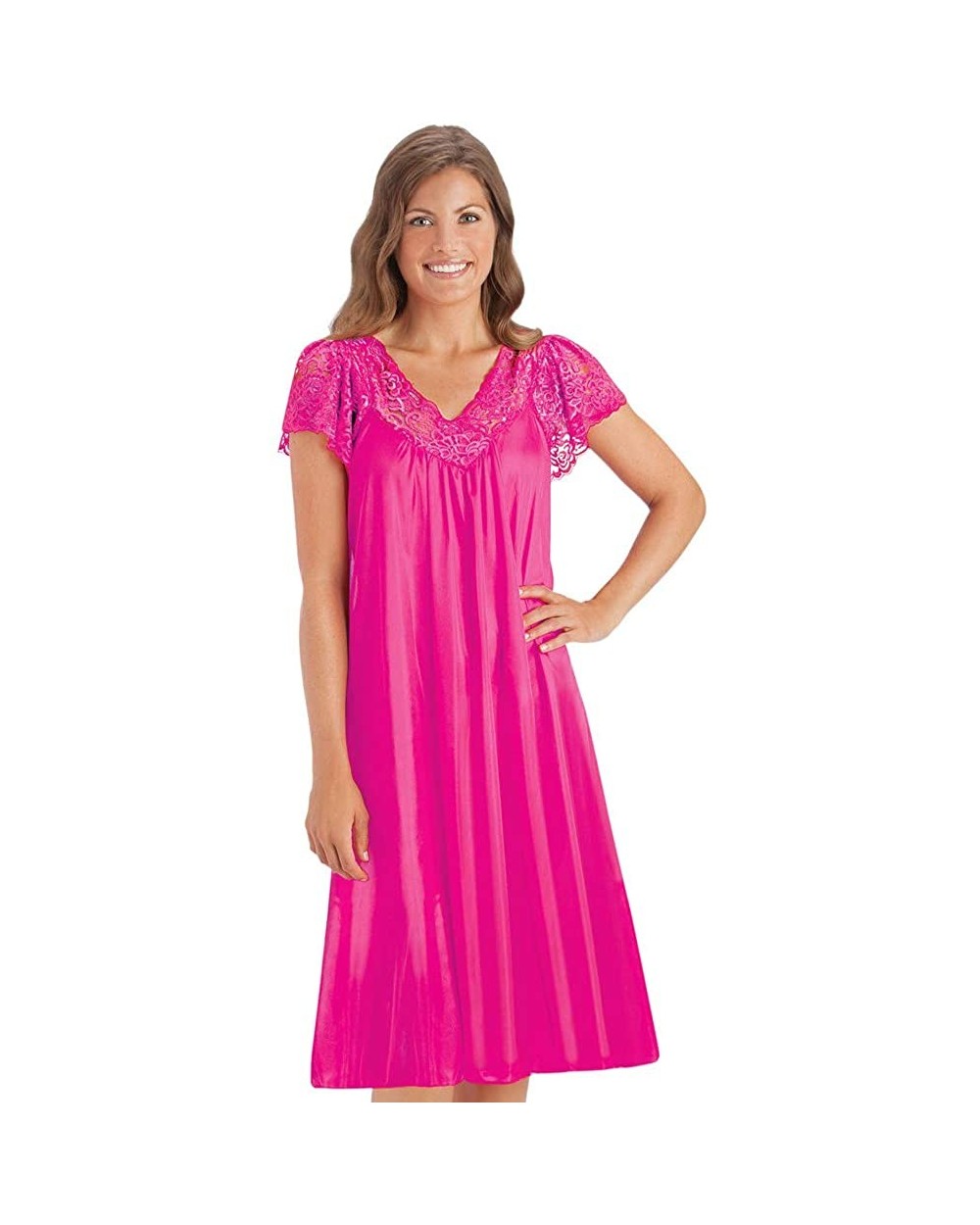 Silky Lace Trim V-Neckline Knee-Length Nightgown with Flutter Lace Sleeves - Fuchsia - CR18IOMEH78 $27.47 Nightgowns & Sleeps...