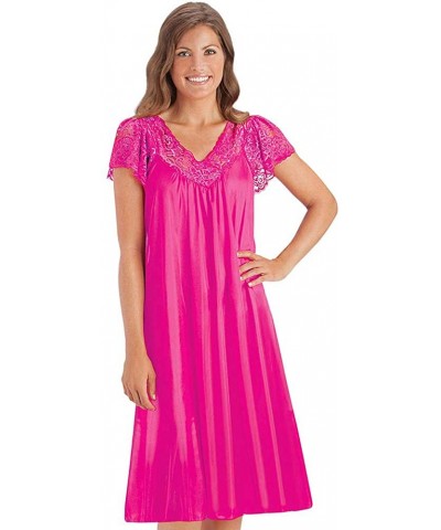 Silky Lace Trim V-Neckline Knee-Length Nightgown with Flutter Lace Sleeves - Fuchsia - CR18IOMEH78 $27.47 Nightgowns & Sleeps...