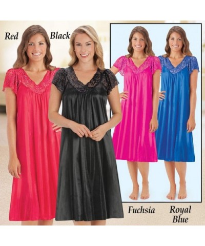 Silky Lace Trim V-Neckline Knee-Length Nightgown with Flutter Lace Sleeves - Fuchsia - CR18IOMEH78 $27.47 Nightgowns & Sleeps...