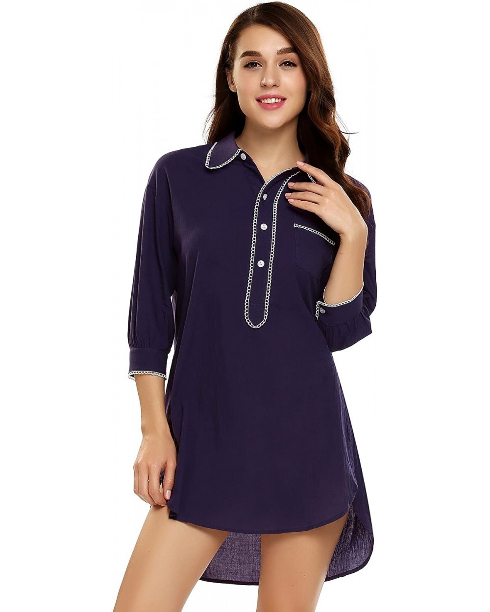 Women Bofriend Sleepwear 3/4 Sleeve Nightgown Pajama Top Buttom Up Nightshirt with Front Pocket Black - Purple - CL18YR8Q7QM ...