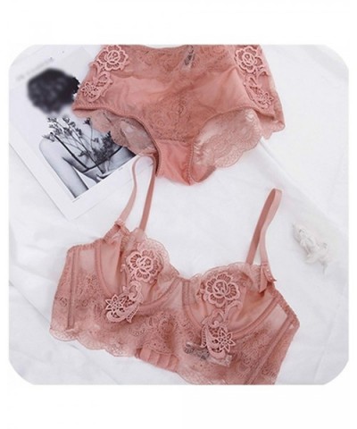 Floral Embroidery Sexy Lingerie Lace Female Intimates Ultrathin Cup Women Bra Set Transparent Bras Tall Waist Panties - Pink ...