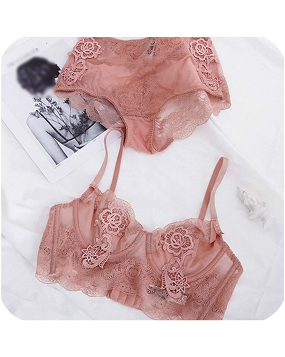 Floral Embroidery Sexy Lingerie Lace Female Intimates Ultrathin Cup Women Bra Set Transparent Bras Tall Waist Panties - Pink ...