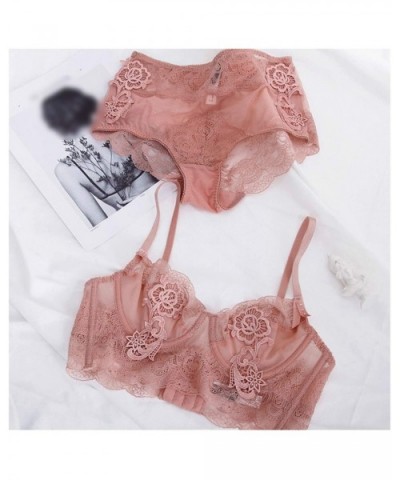 Floral Embroidery Sexy Lingerie Lace Female Intimates Ultrathin Cup Women Bra Set Transparent Bras Tall Waist Panties - Pink ...