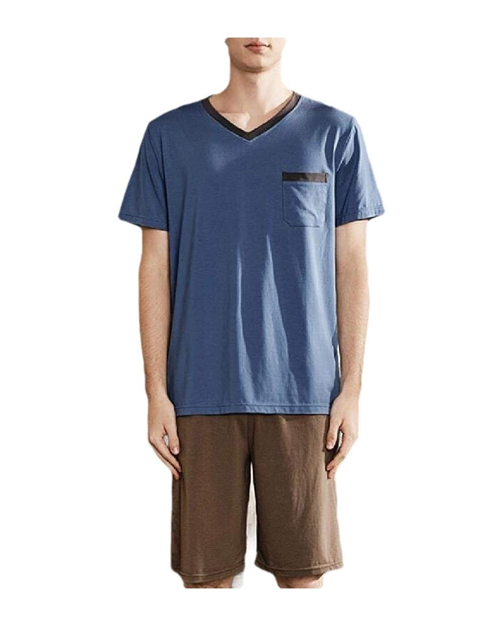 Men V-Neck Pajamas Shorts Set Summer Sleepwear Cotton Short Sleeve Lounge PJ Set - 3 - CA198GY77X6 $51.90 Sleep Sets