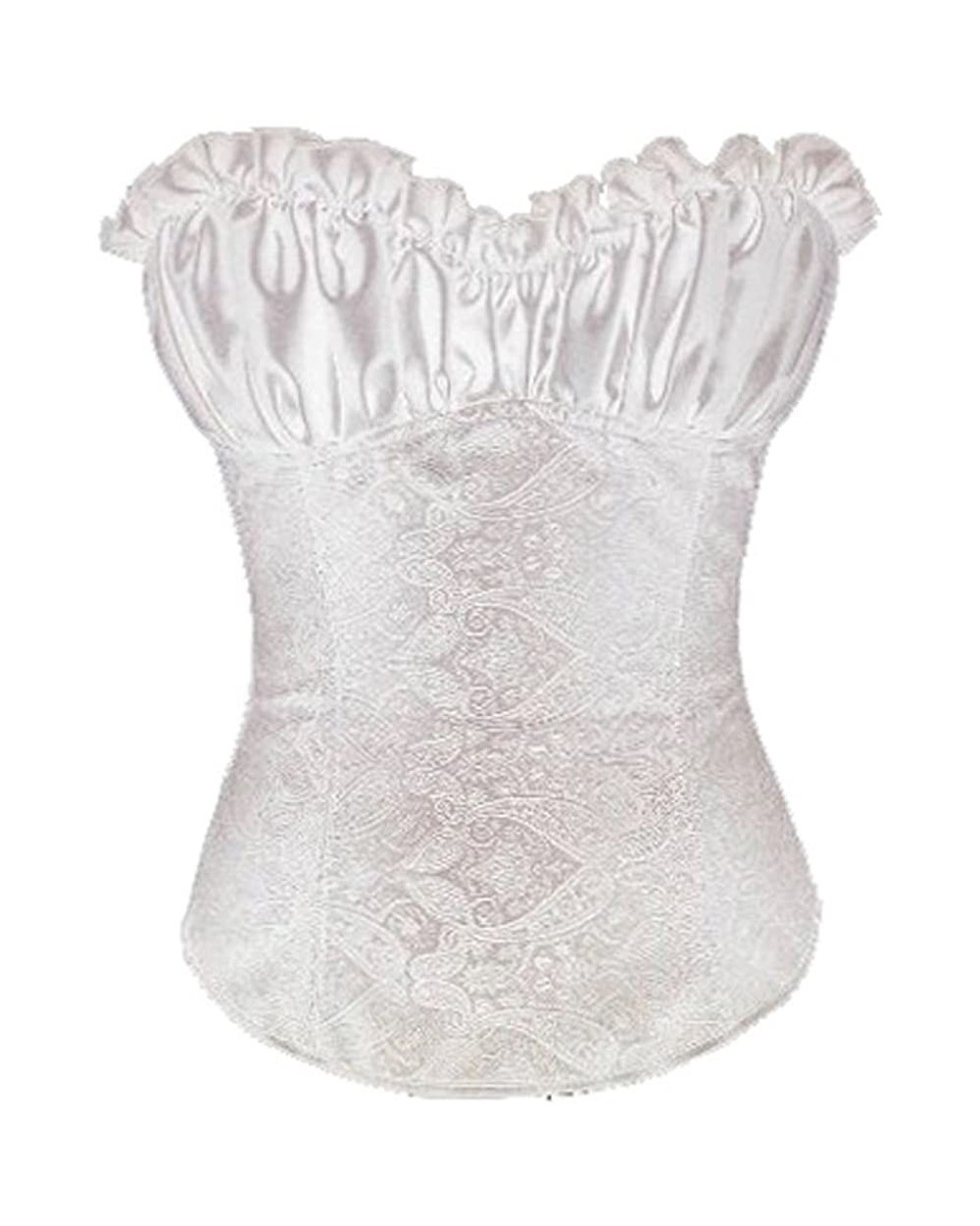 Women's Ruffle Satin Cups Overbust Corset Top with Paisley Design - White - CK1264QAEB9 $24.98 Bustiers & Corsets