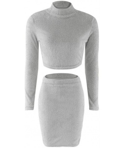 Womens Sweater Skirt Set Long Sleeve Cropped Top + Pencil Skirt Knitted Suit - Gray - CQ192SQ84QL $21.46 Thermal Underwear