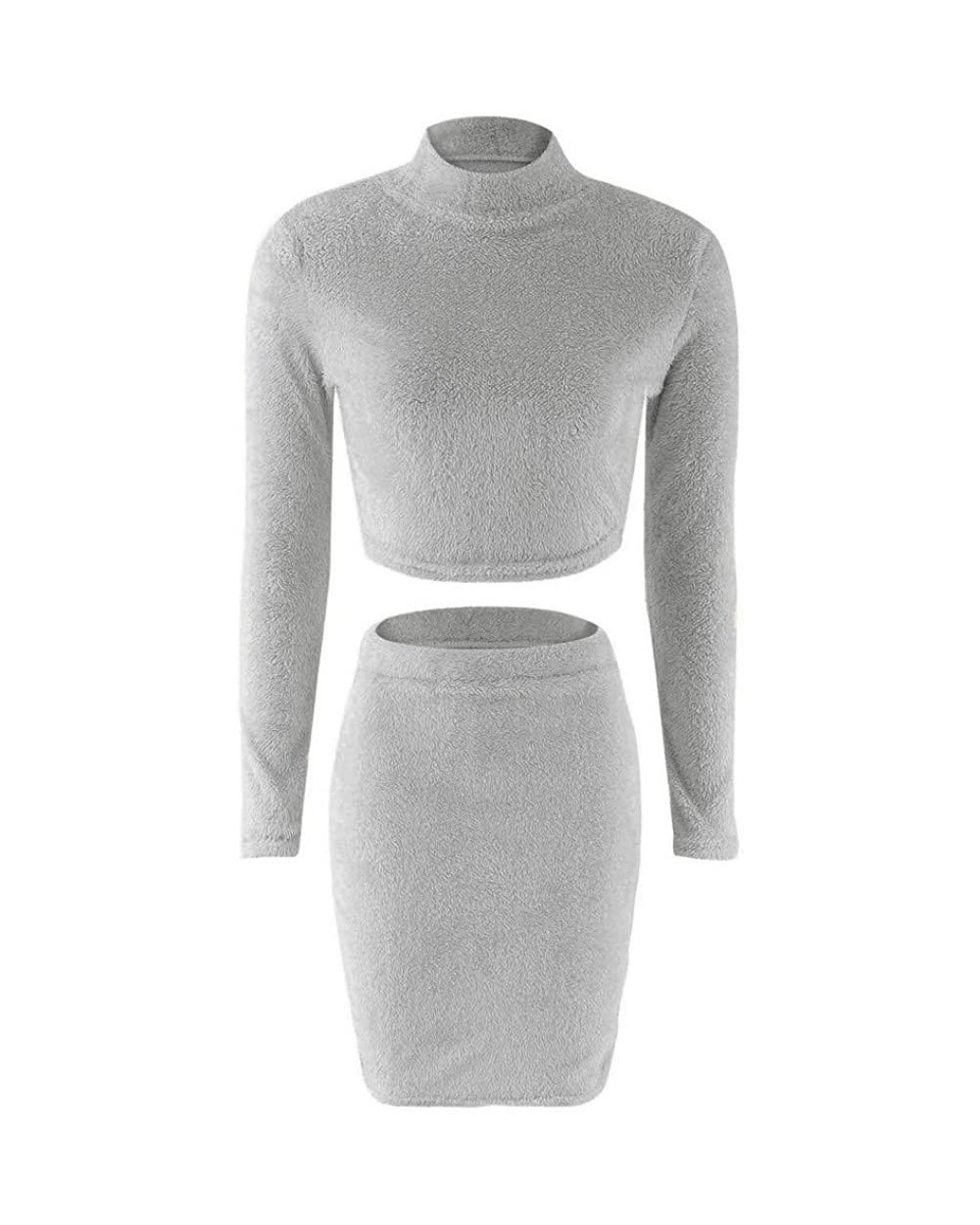 Womens Sweater Skirt Set Long Sleeve Cropped Top + Pencil Skirt Knitted Suit - Gray - CQ192SQ84QL $21.46 Thermal Underwear