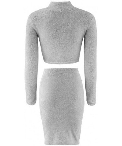 Womens Sweater Skirt Set Long Sleeve Cropped Top + Pencil Skirt Knitted Suit - Gray - CQ192SQ84QL $21.46 Thermal Underwear