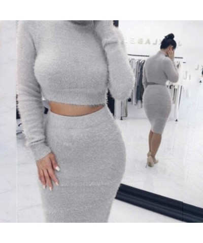 Womens Sweater Skirt Set Long Sleeve Cropped Top + Pencil Skirt Knitted Suit - Gray - CQ192SQ84QL $21.46 Thermal Underwear