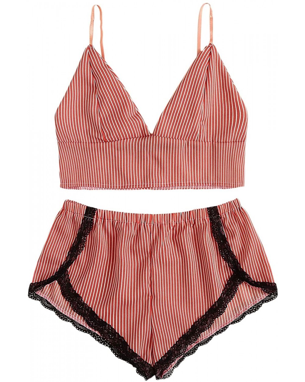 Women's 2 Piece Outfit Satin Pajama Set Bralette and Lace Trim Shorts Sleepwear - Red - CC199S75GRR $24.72 Sets