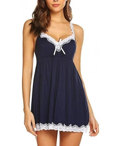 Women Sexy Lace Nightdress V-Neck Bow Lingerie Sleepdress Babydoll Underwear Dress with G-String - Navy - CI1987ADOL8 $19.32 ...