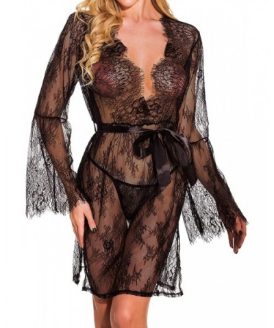 Women's Lace Lingerie Mesh Long Babydoll Teddy Bear Sexy Sleeve Set - Black - CO197XESSGE $31.72 Baby Dolls & Chemises