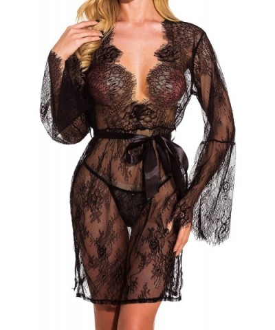 Women's Lace Lingerie Mesh Long Babydoll Teddy Bear Sexy Sleeve Set - Black - CO197XESSGE $31.72 Baby Dolls & Chemises