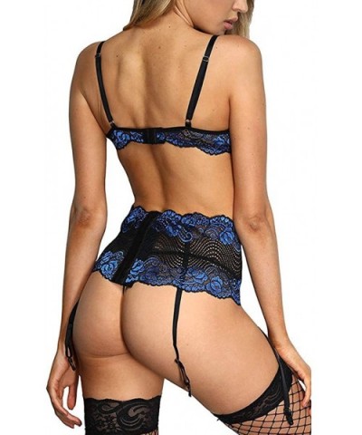 Women's Sexy Lingerie Push up Embroidery Lace Suspender Garter Belt Bra & Panty Set - Blue - C818XT4ZQ38 $13.48 Garters & Gar...