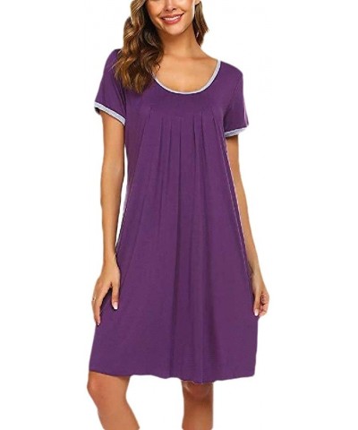 Women Sleepwear Comfy Nightgown Short Sleeve Pleated Crew Neck Nightshirt - Purple - CQ19E7OWS3Z $42.19 Nightgowns & Sleepshirts