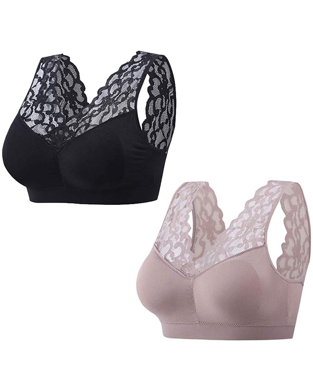 Push Up Comfort Super Elastic Breathable Lace Bra - 2pcs Black+bean Paste - CO19DTLRMNC $35.82 Bras