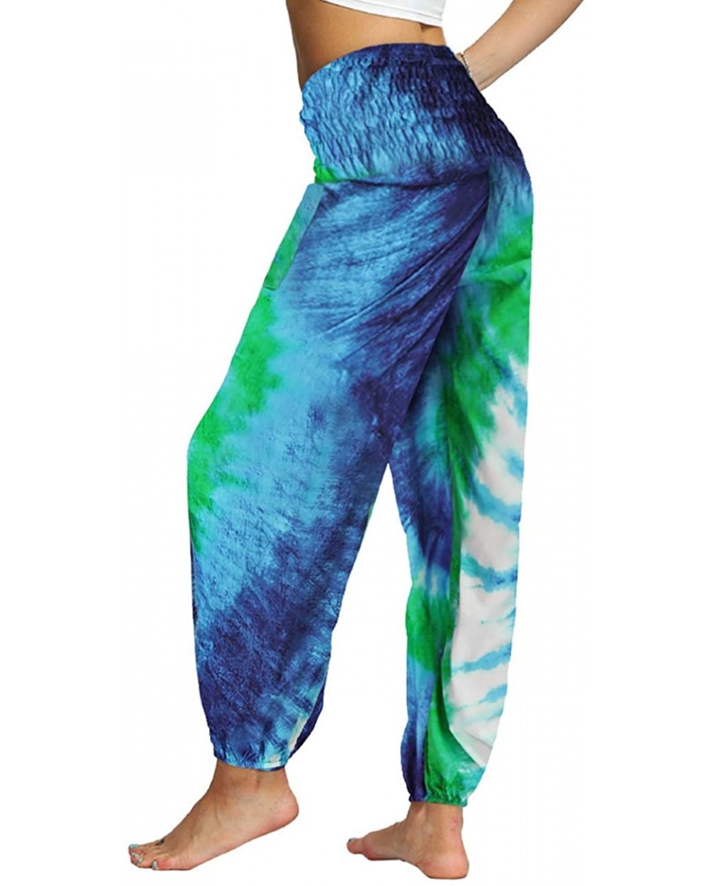 Harem Pants for Women Smocked Waist Hippie Boho Yoga Palazzo Pants with Pockets - Blue&green Vortex - CS19D845A4N $35.79 Bottoms