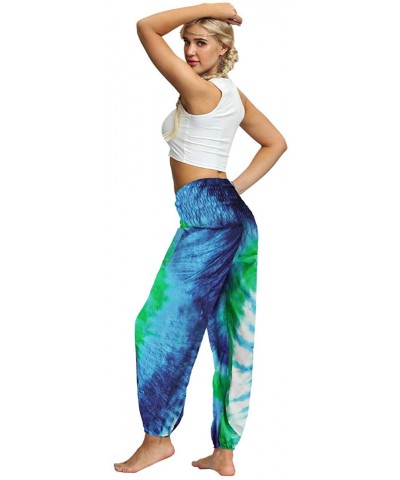 Harem Pants for Women Smocked Waist Hippie Boho Yoga Palazzo Pants with Pockets - Blue&green Vortex - CS19D845A4N $35.79 Bottoms