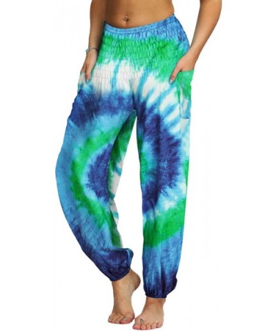 Harem Pants for Women Smocked Waist Hippie Boho Yoga Palazzo Pants with Pockets - Blue&green Vortex - CS19D845A4N $35.79 Bottoms