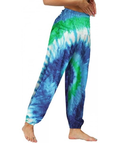 Harem Pants for Women Smocked Waist Hippie Boho Yoga Palazzo Pants with Pockets - Blue&green Vortex - CS19D845A4N $35.79 Bottoms