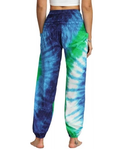 Harem Pants for Women Smocked Waist Hippie Boho Yoga Palazzo Pants with Pockets - Blue&green Vortex - CS19D845A4N $35.79 Bottoms