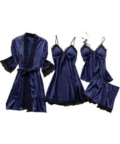 Women's 4PCS Silk Satin Pajama Set Cami Top Nightgown Lace Sleepwear Robe Babydoll Sets Sexy Nightdress Pajamas Lingerie - Na...