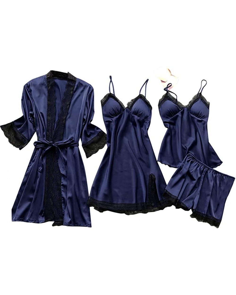 Women's 4PCS Silk Satin Pajama Set Cami Top Nightgown Lace Sleepwear Robe Babydoll Sets Sexy Nightdress Pajamas Lingerie - Na...