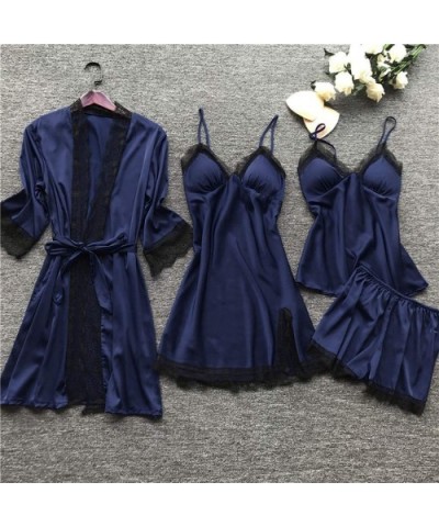 Women's 4PCS Silk Satin Pajama Set Cami Top Nightgown Lace Sleepwear Robe Babydoll Sets Sexy Nightdress Pajamas Lingerie - Na...