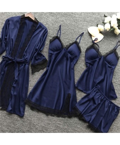 Women's 4PCS Silk Satin Pajama Set Cami Top Nightgown Lace Sleepwear Robe Babydoll Sets Sexy Nightdress Pajamas Lingerie - Na...