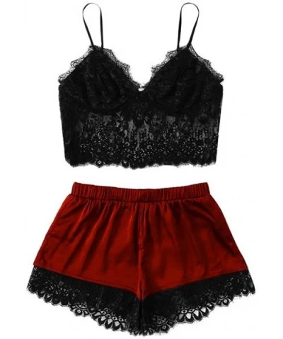 Sexy Pajamas Set Women Lace Satin Cmai Top Shorts Lingerie Sleepwear Set Erotic Underwear Babydoll Nighties Wine - CG193K28LH...