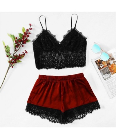 Sexy Pajamas Set Women Lace Satin Cmai Top Shorts Lingerie Sleepwear Set Erotic Underwear Babydoll Nighties Wine - CG193K28LH...