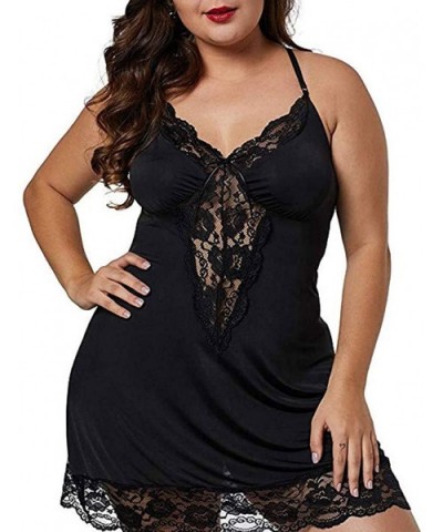 Women Lace Lingerie Deep V Neck Sleepwear Underwear Dress G String Nightdress Sexy Babydoll Chemise Sleepwear Black - CR18ZDM...