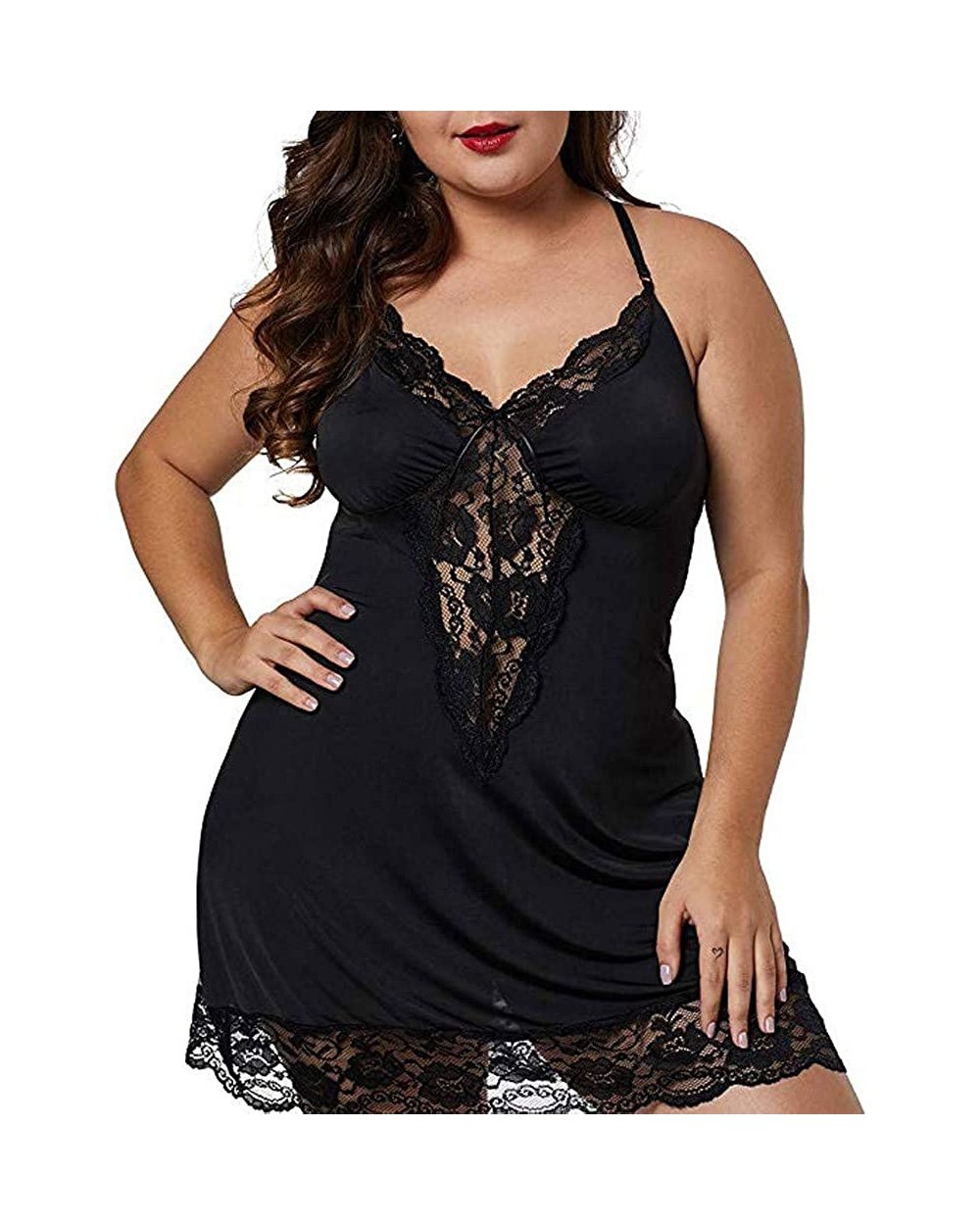 Women Lace Lingerie Deep V Neck Sleepwear Underwear Dress G String Nightdress Sexy Babydoll Chemise Sleepwear Black - CR18ZDM...