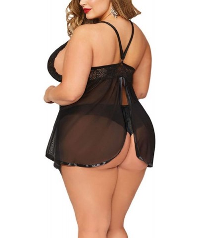 Women's Plus Size Lingerie Babydoll Lace Mesh Chemise Sleepwear - Black - C318RSRUWUG $26.46 Baby Dolls & Chemises