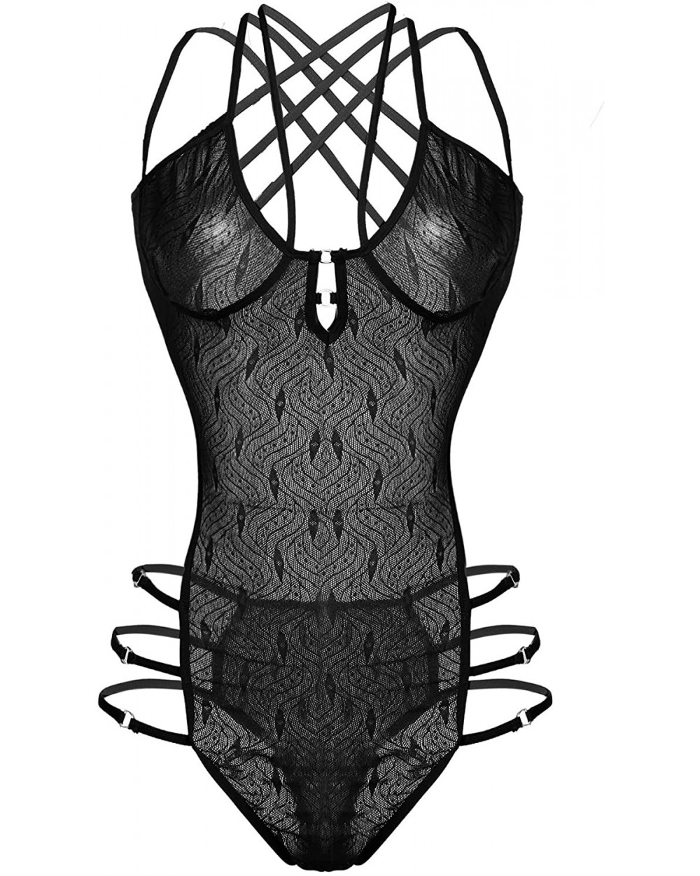 Women Lace Strappy Teddy Bodysuits Sexy One Piece Babydoll Lingerie - Black - CX199S9ASLN $29.22 Baby Dolls & Chemises