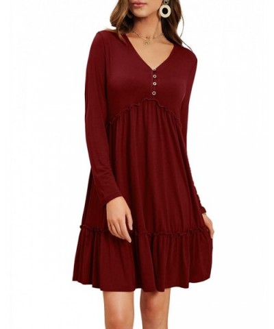 Women's Casual Ruffle Dresses Button V Neck Long Sleeve Empire Waist Swing Tunic Dress - Wine Red - CE199OOS4SA $31.92 Nightg...