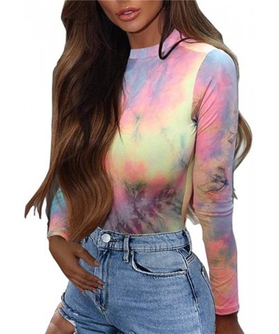 Women Tie Dye Rainbow Bodysuit Long Sleeve Mock Neck Bodysuit Clubwear Music Festival Clothing - Multicolor - C118WREMLW9 $26...