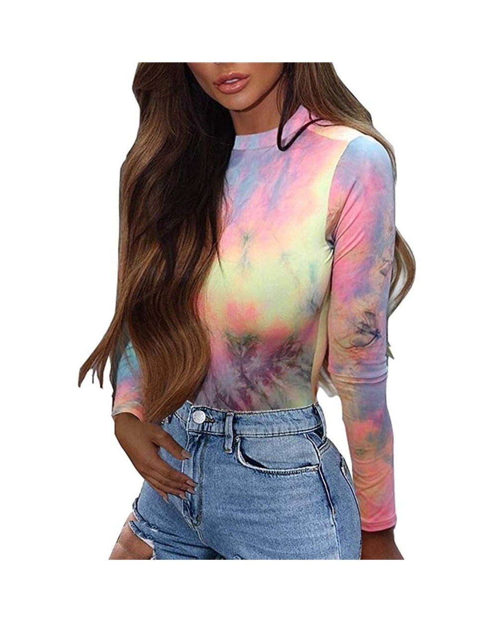 Women Tie Dye Rainbow Bodysuit Long Sleeve Mock Neck Bodysuit Clubwear Music Festival Clothing - Multicolor - C118WREMLW9 $26...