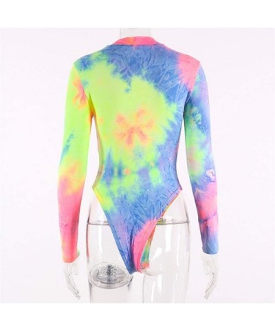 Women Tie Dye Rainbow Bodysuit Long Sleeve Mock Neck Bodysuit Clubwear Music Festival Clothing - Multicolor - C118WREMLW9 $26...