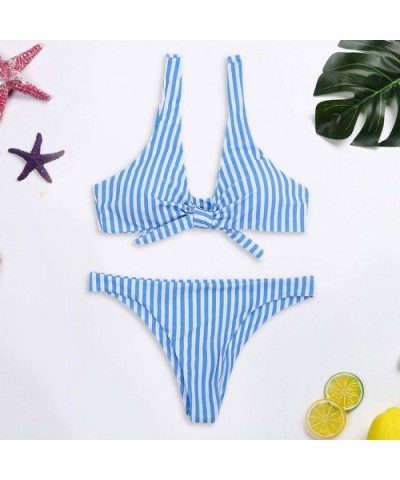 Women's Knotted Sandwich Thong Bikini Mid Waist Beach Swimsuit - F-blue - CY194E3HZ9O $20.88 Tops