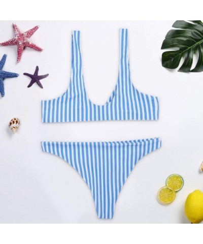 Women's Knotted Sandwich Thong Bikini Mid Waist Beach Swimsuit - F-blue - CY194E3HZ9O $20.88 Tops