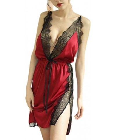 Women Lace Patchwork Charmeuse Split Backless Sexy Sling Sleep Dress - Red - C0199SNE69D $29.31 Nightgowns & Sleepshirts